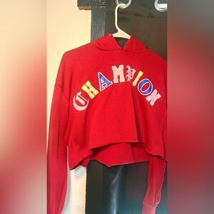 Champion Red Cropped Pullover Hoodie with Multicolor Logo